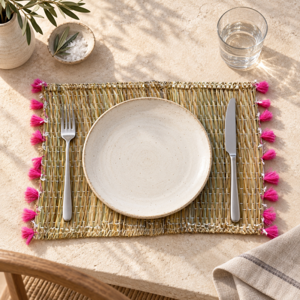 Sets Artisanaux- Osier - ≈ 40X30cm - Pompom - Rose Fuchsia -