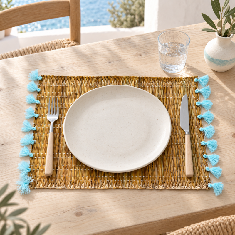 Sets Artisanaux- Osier - ≈ 40X30cm - Pompom - Bleu Ciel -