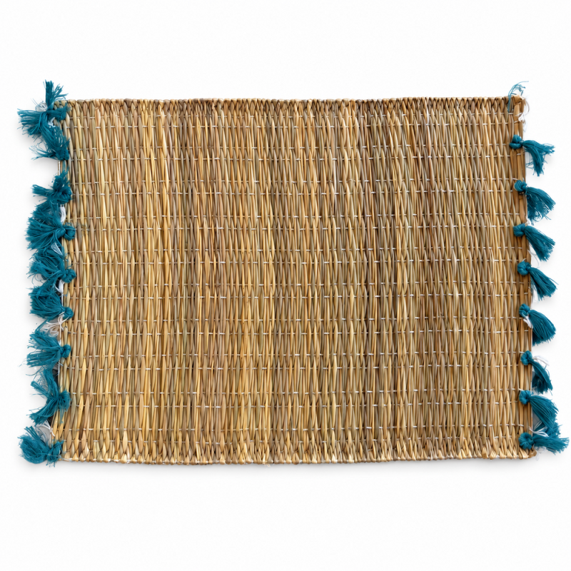Sets Artisanaux- Osier - ≈ 40X30cm - Pompom - Bleu Canard -