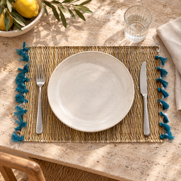 Sets Artisanaux- Osier - ≈ 40X30cm - Pompom - Bleu Canard -