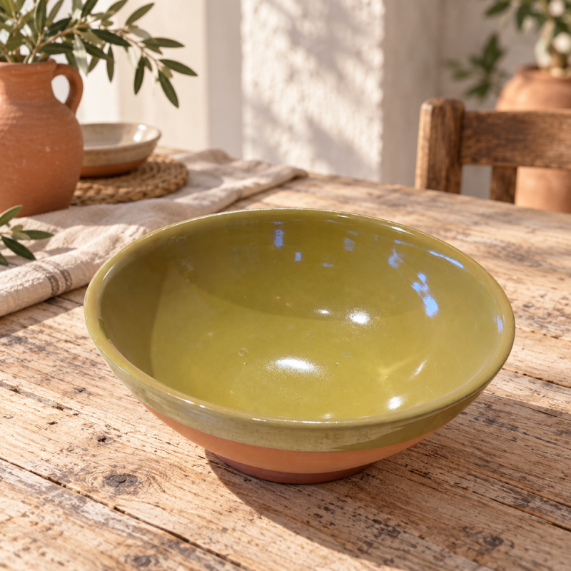 Saladier Artisanal - Emaillé - ≈ Ø25x10cm - Bol Vert Olive -