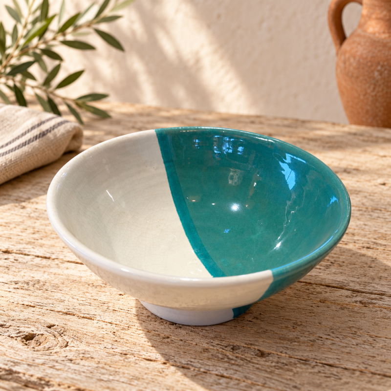 Saladier Artisanal - Emaillé - ≈ Ø25x10cm - Bol Turquoise & Blanc -
