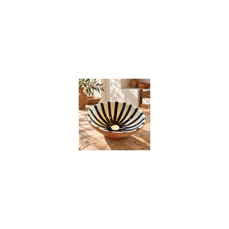 Saladier Artisanal - Emaillé - ≈ Ø25x10cm - Bol Noir & Blanc Rayure -
