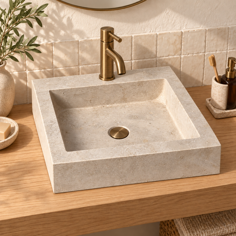 Vasque à poser Travertin Beige - 40x45x10cm - Bord droit - 1 perçage robinet -