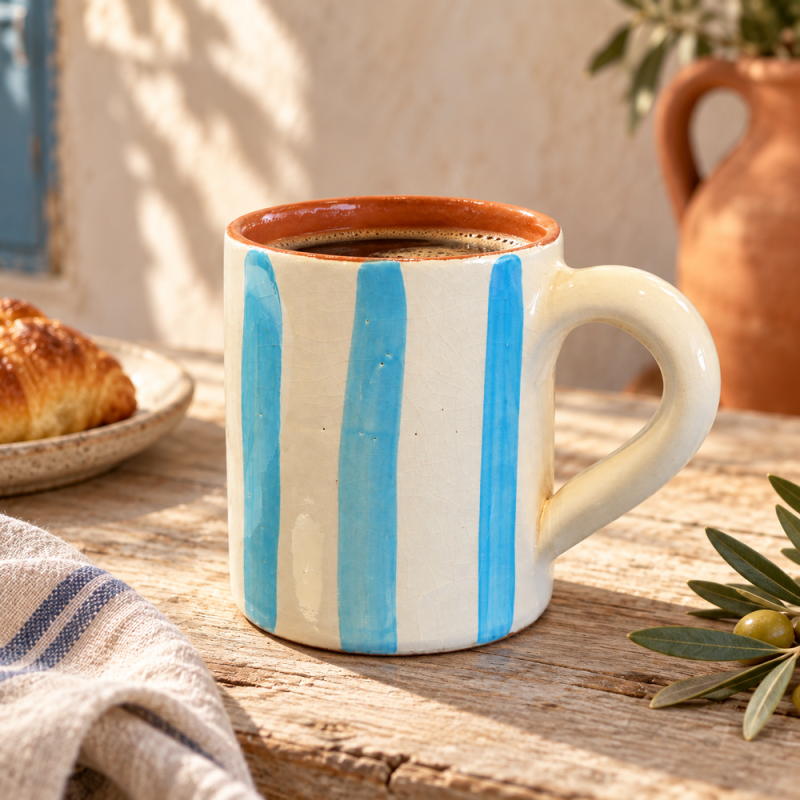 Mug Artisanale - Emaillé - ≈ Ø9x10cm - Rayure Bleu Ciel -