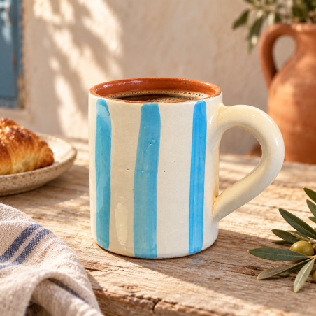 Mug Artisanale - Emaillé - ≈ Ø9x10cm - Rayure Bleu Ciel -