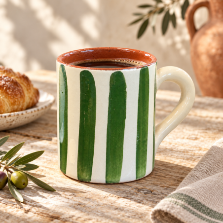 Mug Artisanale - Emaillé - ≈ Ø9x10cm - Rayure Vert Olive -