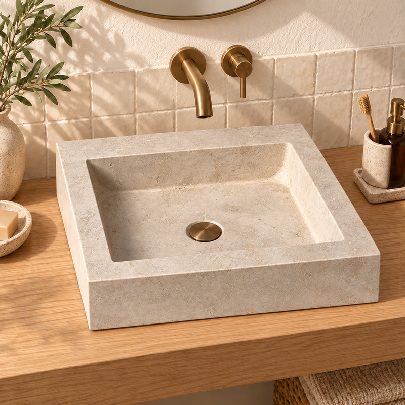 Vasque à poser Travertin Beige - 40x45x10cm - Bord droit -