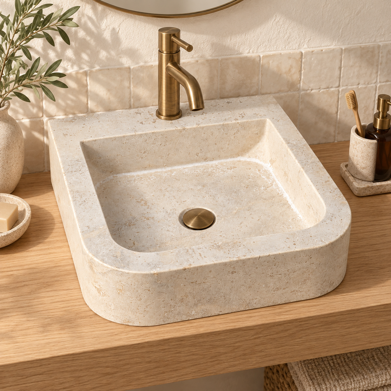 Vasque à poser Travertin Beige - 40x45x10cm - Bord arrondi - 1 perçage robinet -
