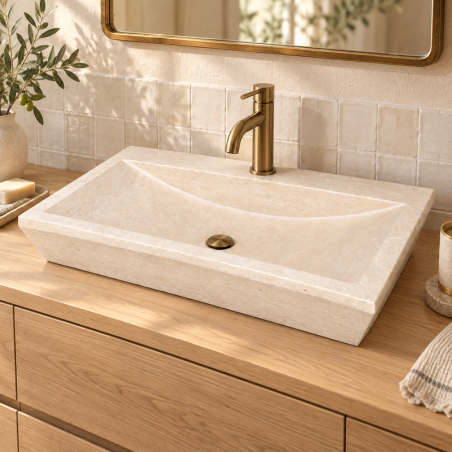 Vasque à poser Travertin Beige - 70x45x10cm - Cuve Arrondie Longueur - Bord biseauté - 1 perçage robinet -