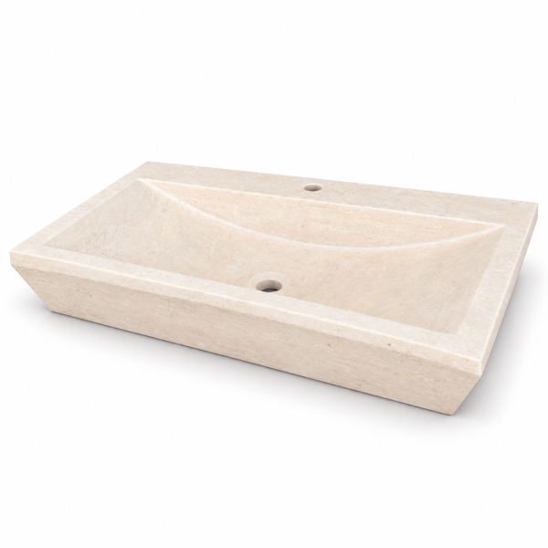 Vasque à poser Travertin Beige - 70x45x10cm - Cuve Arrondie Longueur - Bord biseauté - 1 perçage robinet -