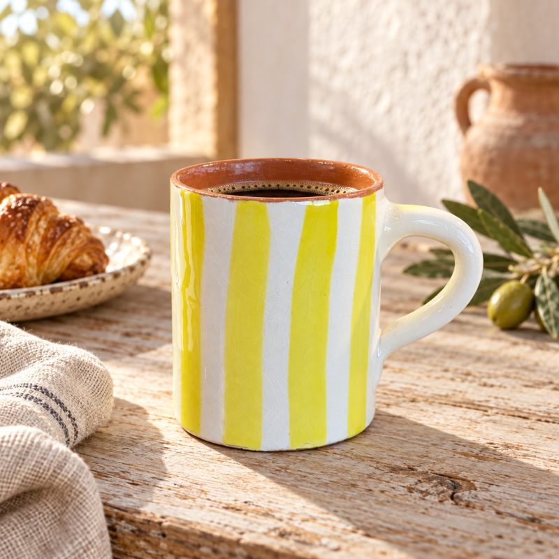 Mug Artisanale - Emaillé - ≈ Ø9x10cm - Rayure Jaune -