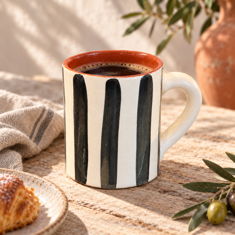 Mug Artisanale - Emaillé - ≈ Ø9x10cm - Rayure Noire -