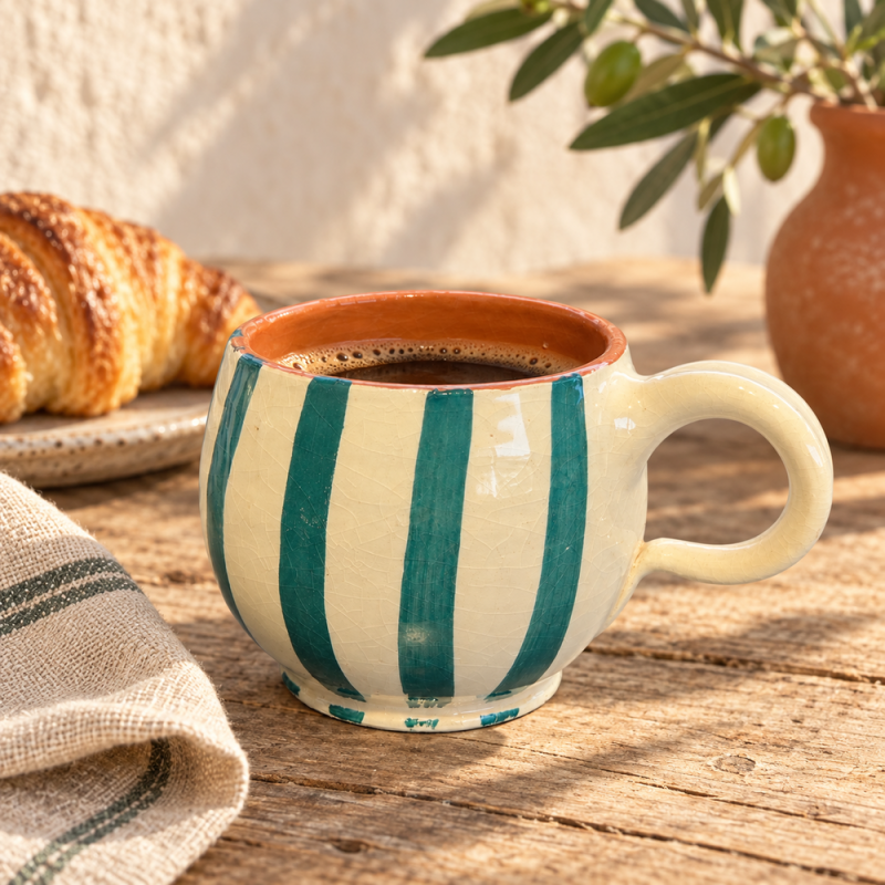 Mug Artisanale - Emaillé - ≈ Ø9x10cm - Rayure Turquoise -