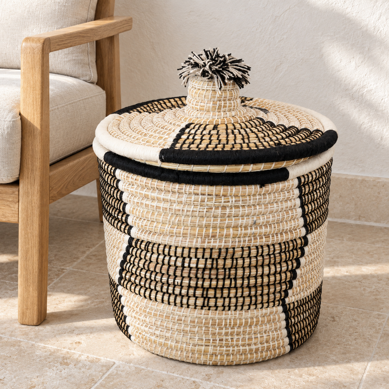 Panière artisanale - Doum - ≈d40x40cm - Bicolore -