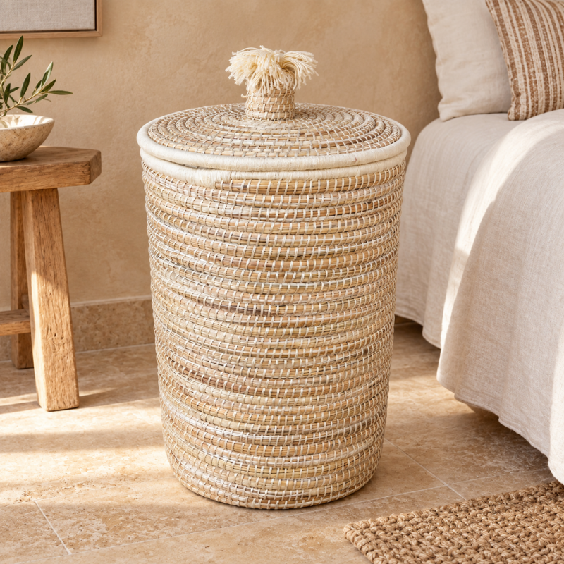 Panière artisanale - Doum - ≈40x60cm - Couvercle Blanc -
