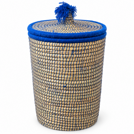 Panière artisanale - Doum - ≈40x60cm - Couvercle Bleu -