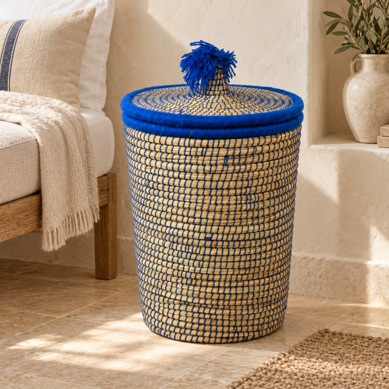 Panière artisanale - Doum - ≈40x60cm - Couvercle Bleu -