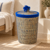 Panière artisanale - Doum - ≈d40x60cm - Couvercle Bleu -