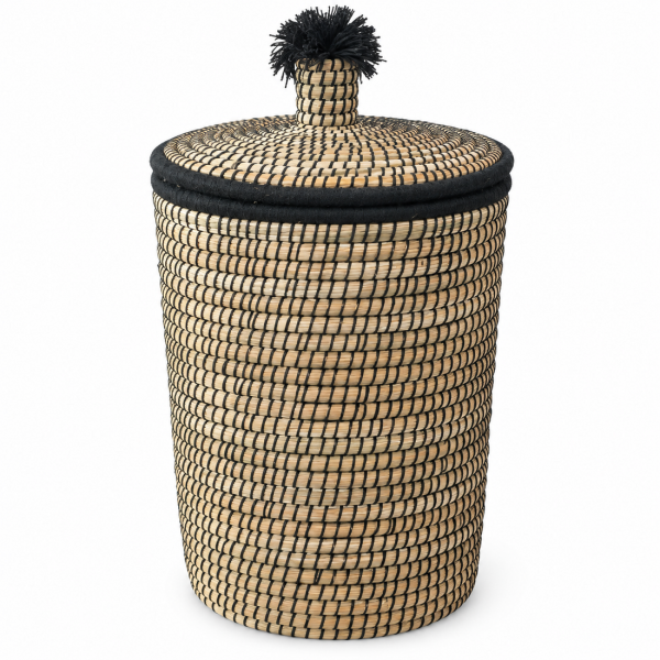Panière artisanale - Doum - ≈d40x60cm - Couvercle Noir -