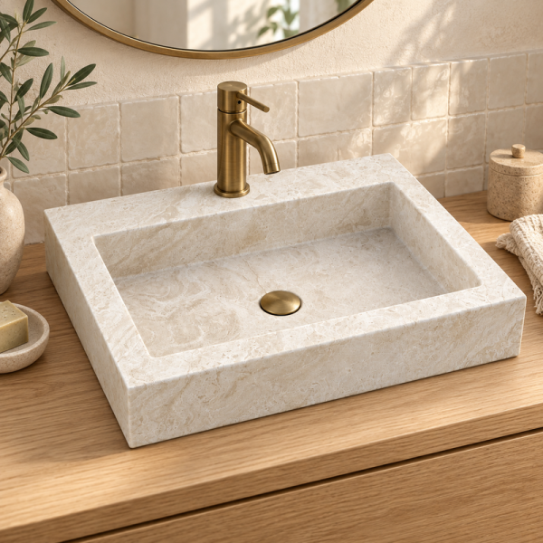Vasque à poser Travertin Beige - 50x40x10cm - Lisse - Bord droit -