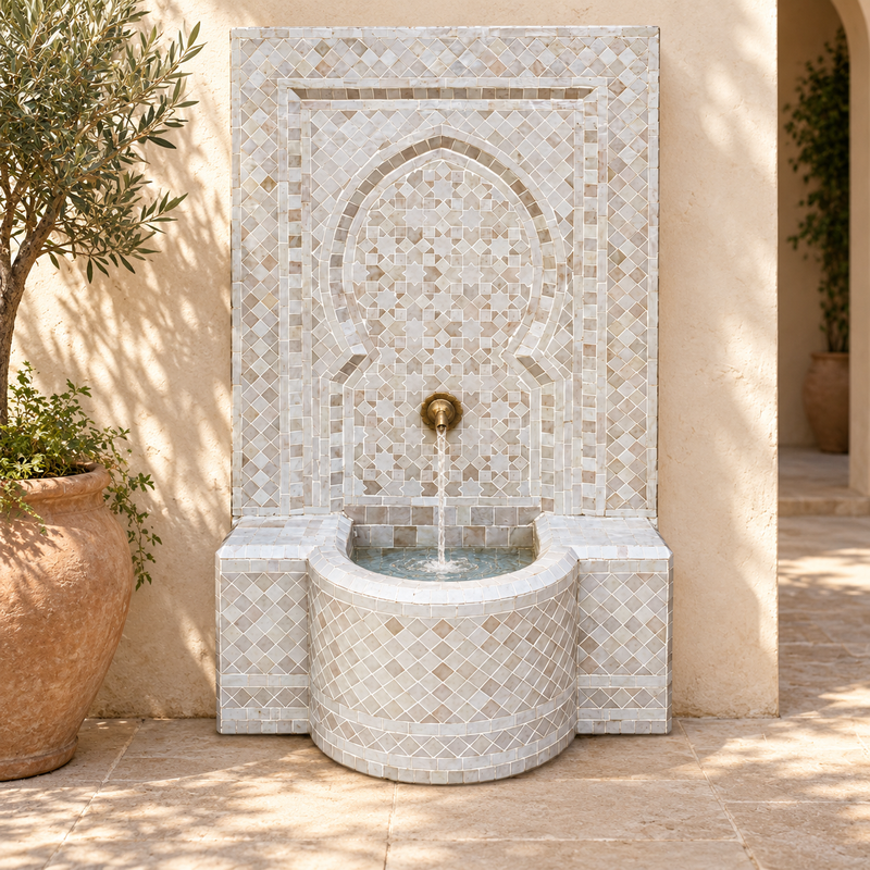 Fontaine Zellige - Aladin - Vert Beige & Blanche - 100x60cm - Pompe & Crachoir Laiton -