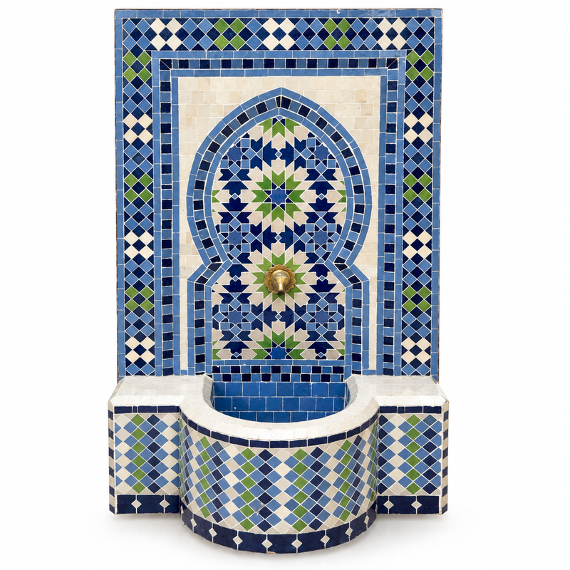 Fontaine Zellige - Fèsi - Beige / Bleue / Verte - 100x60cm - Pompe & Crachoir Laiton -