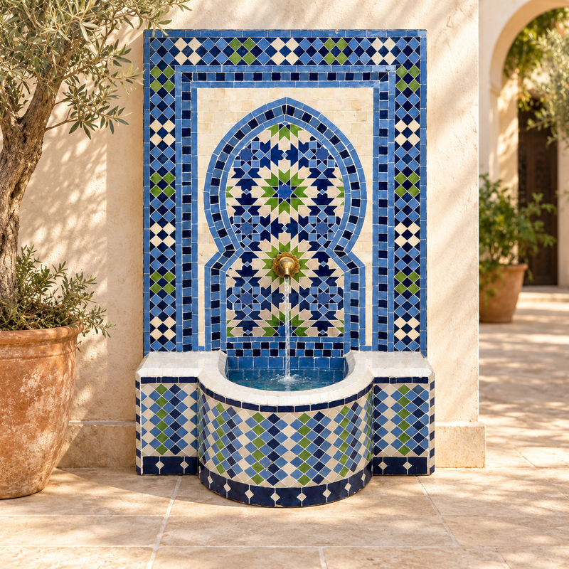 Fontaine Zellige - Fèsi - Beige / Bleue / Verte - 100x60cm - Pompe & Crachoir Laiton -