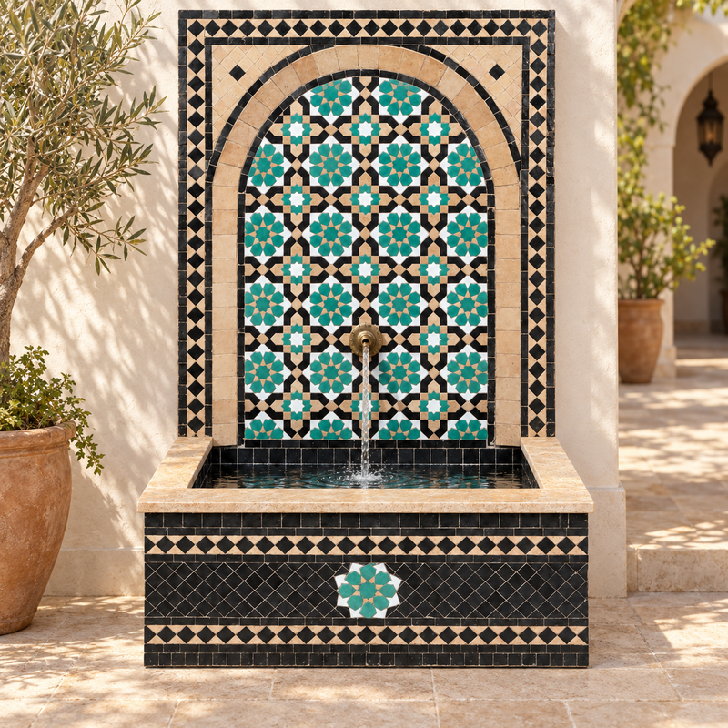 Fontaine Zellige - Fleur - Naturel / Noire / Verte - 120x80cm - Pas de visse & évacuation -