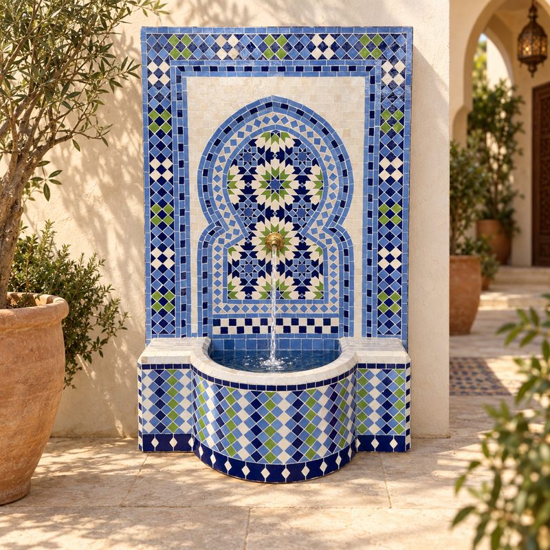 Fontaine Zellige - Fèsi - Beige / Bleue / Verte - 120x80cm - Pompe & Crachoir Laiton -