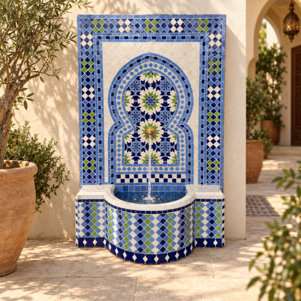 Fontaine Zellige - Fèsi - Beige / Bleue / Verte - 120x80cm - Pompe & Crachoir Laiton -