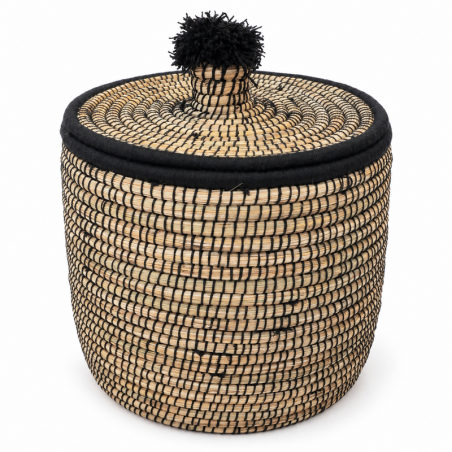 Panière artisanale - Doum - ≈d40x40cm - Couvercle Noir -