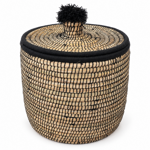 Panière artisanale - Doum - ≈d40x40cm - Couvercle Noir -