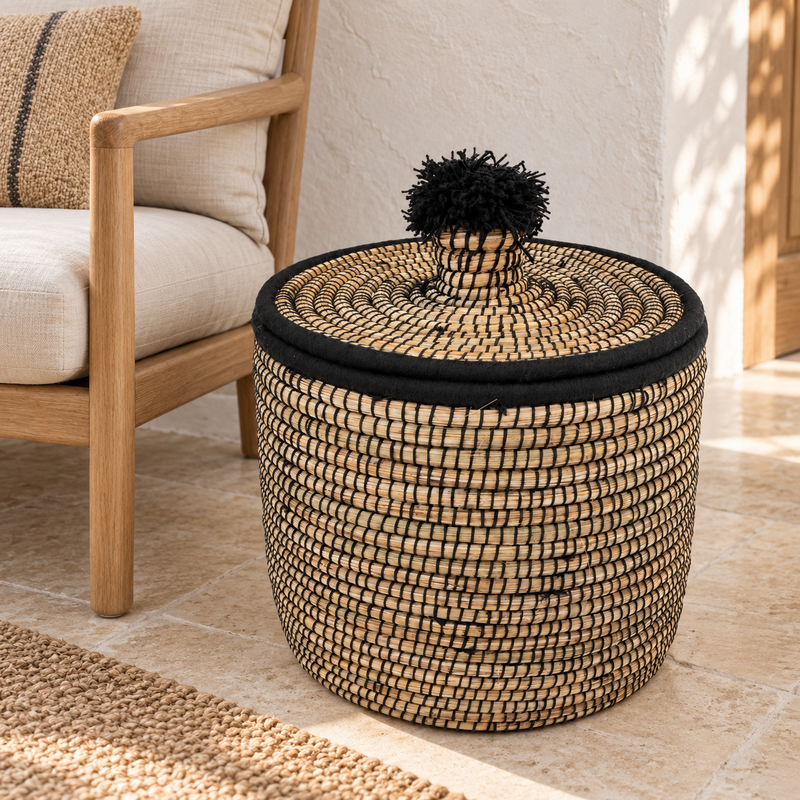 Panière artisanale - Doum - ≈d40x40cm - Couvercle Noir -