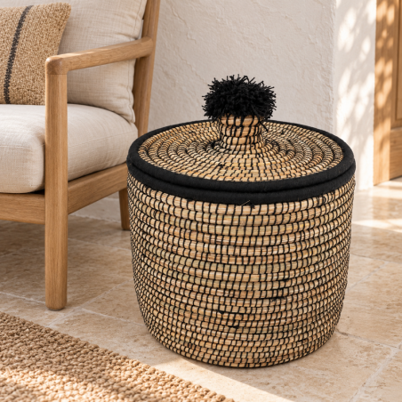 Panière artisanale - Doum - ≈d40x40cm - Couvercle Noir -