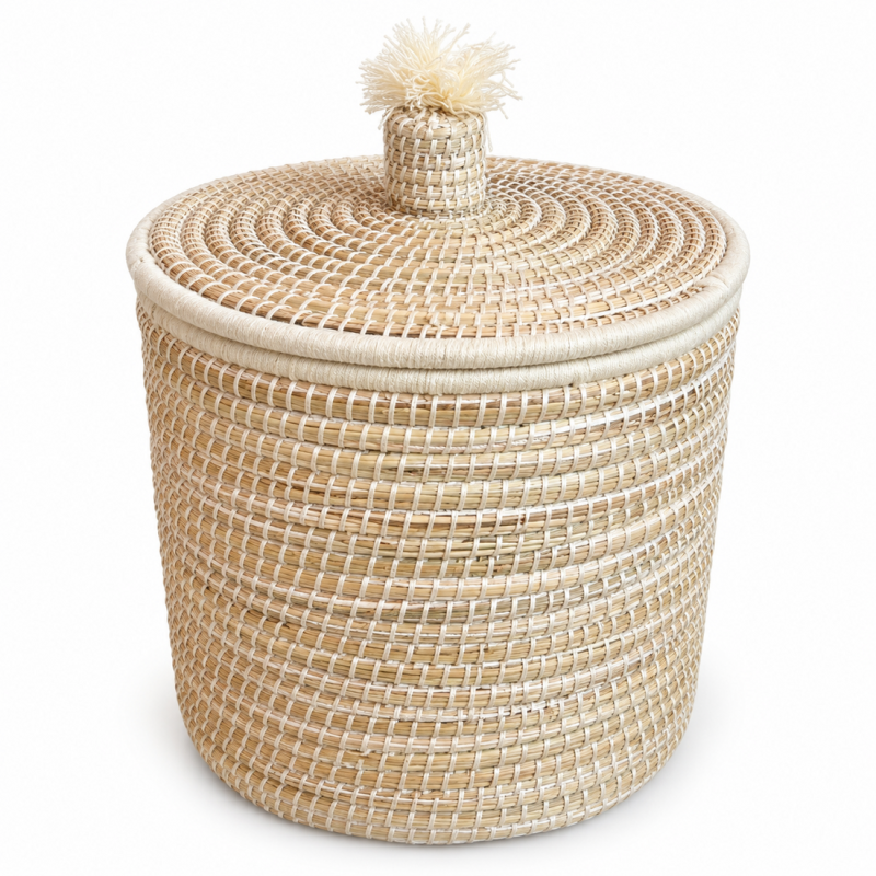 Panière artisanale - Doum - ≈d40x40cm - Couvercle Blanc -