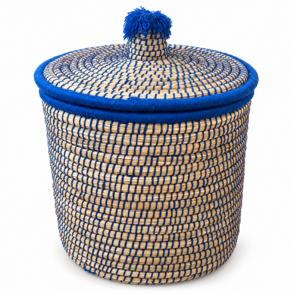 Panière artisanale - Doum - ≈d40x40cm - Couvercle Bleu -