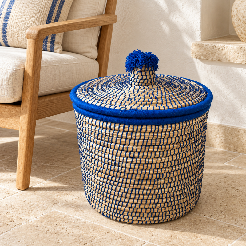 Panière artisanale - Doum - ≈d40x40cm - Couvercle Bleu -