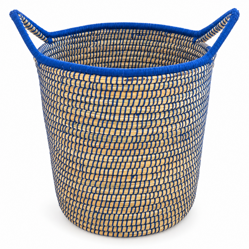 Panière artisanale - Doum - ≈d40x50cm - Poignée Bleu -