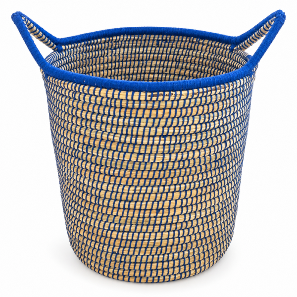 Panière artisanale - Doum - ≈d40x50cm - Poignée Bleu -