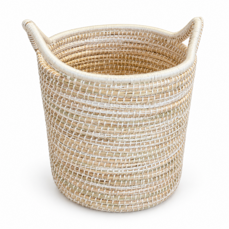 Panière artisanale - Doum - ≈d35x40cm - Poignée Blanc -