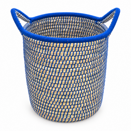 Panière artisanale - Doum - ≈d35x40cm - Poignée Bleu -