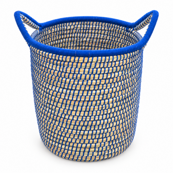 Panière artisanale - Doum - ≈d35x40cm - Poignée Bleu -