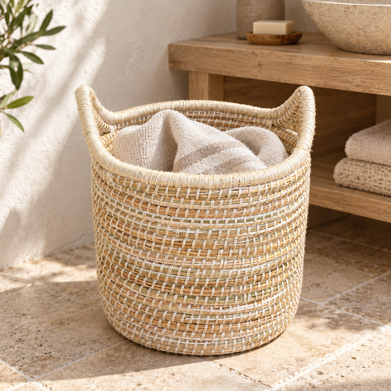 Panière artisanale - Doum - ≈d30x30cm - Poignée Blanc -