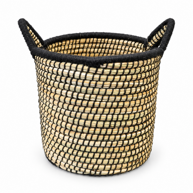 Panière artisanale - Doum - ≈d30x30cm - Poignée Noir -