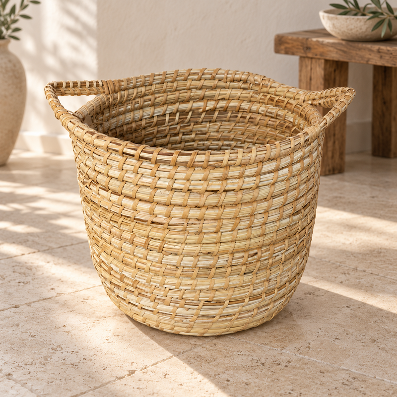 Panière artisanale - Doum - ≈d30x30cm - Poignée Naturel -