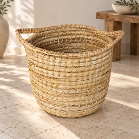 Panière artisanale - Doum - ≈d30x30cm - Poignée Naturel -