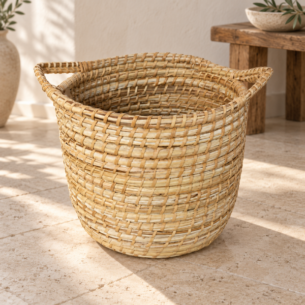 Panière artisanale - Doum - ≈d30x30cm - Poignée Naturel -