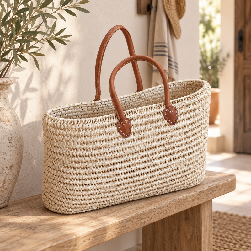 Panier artisanal - Doum - ≈50x15x35cm - Poignée Cuir -