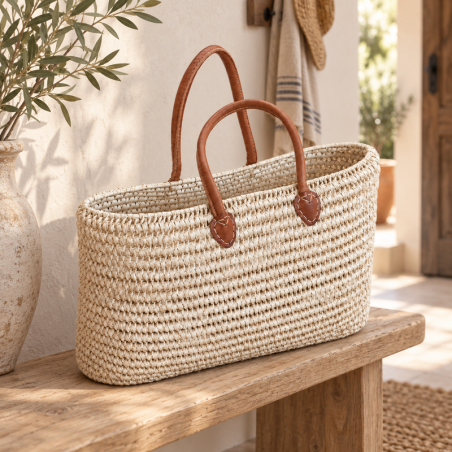 Panier artisanal - Doum - ≈50x15x35cm - Poignée Cuir -